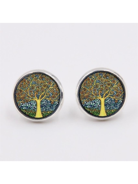 Jewelry - Golden Tree of Life Painting Glass Cabochon Round Silver Plated Stud Earrings